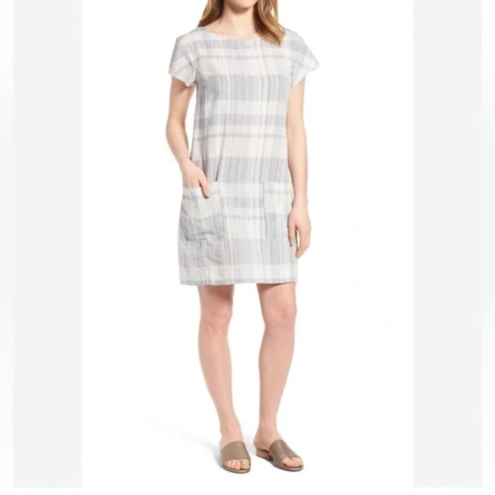 Eileen Fisher Chambray Airy Plaid Shift Dress